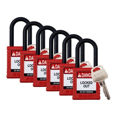 Brady Brady Safety Lockout Padlock, Keyed Different, 1-1/2in, Plastic/Nylon, Red, 6/PK SDPL-RED-38PL-KD6